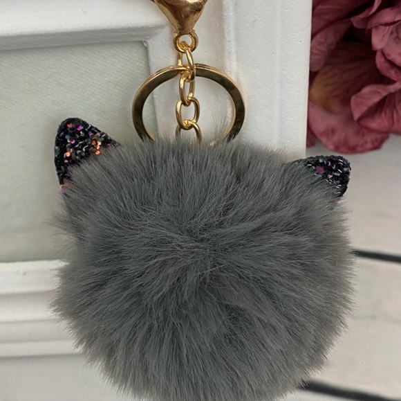 NEW Gray Fluffy PomPom Owl w/ Glittery Glasses Key Chain Purse Charm - Picture 2 of 3